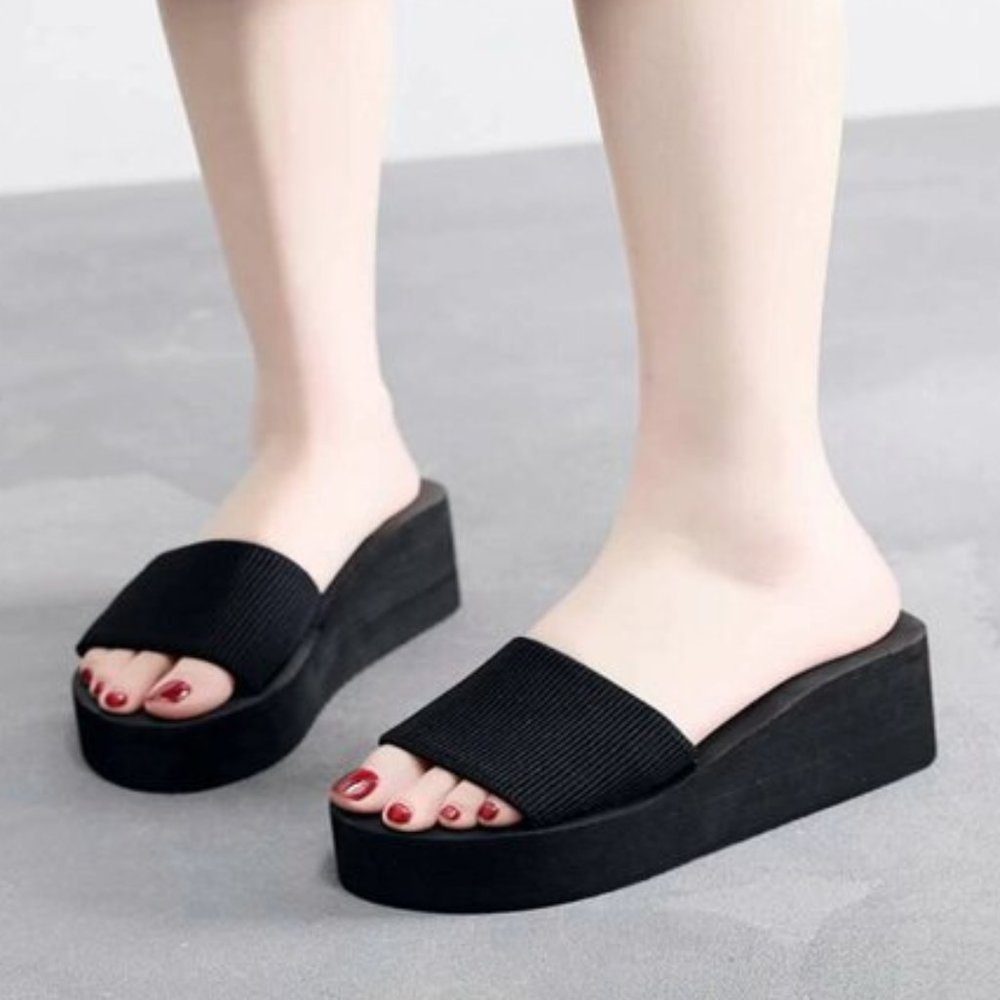 LAST PAIR 8.5-38 Open Toe Wedge Mules Sandal Platform black - Picture 2 of 3